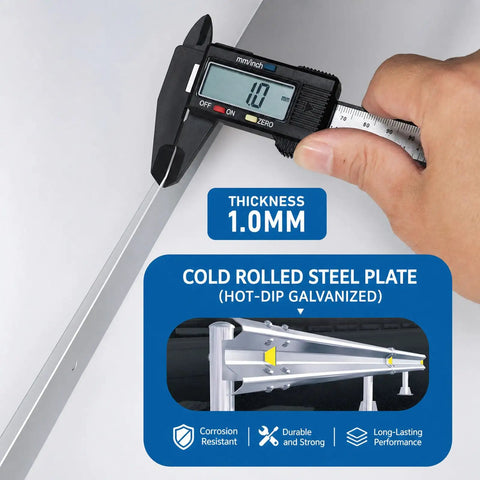 Digital caliper measuring 1.0mm thickness of a galvanized cold rolled steel plate for EV charger cover construction.