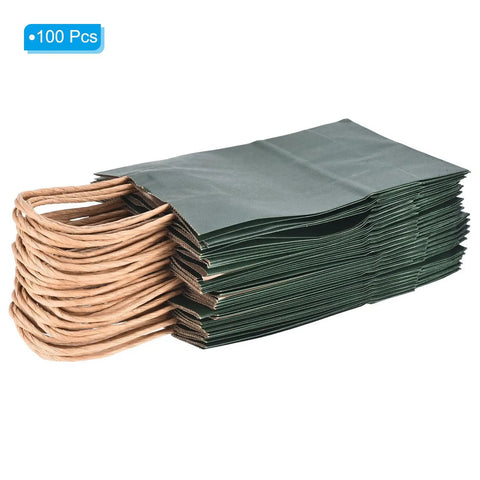 Stack of Green Paper Bags With Handles 5.9 By 3.1 By 8.2 Inch 100 Pack Tote Favor Bags For Parties And Gifts Eco Friendly