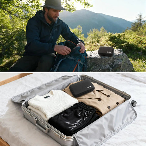 Grab And Go First Aid Kit Ultra Portable Compact Waterproof Emergency Supplies on rock and in suitcase, outdoor use.