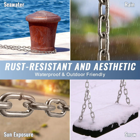 Zinc-plated Grade 30 chain, 3/16 in, 100 ft, shown outdoors in seawater, rain, sun, and snow.