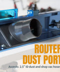 Router dust port on Rock Solid Benchtop Router Table Setup With Adjustable Aluminum Fence And Heavy Duty Dust Collection Kit.