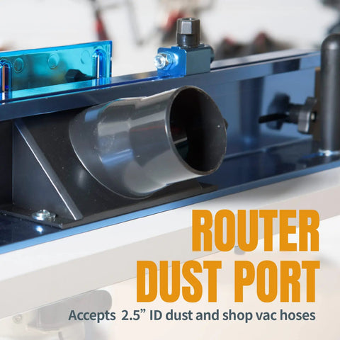 Router dust port on Rock Solid Benchtop Router Table Setup With Adjustable Aluminum Fence And Heavy Duty Dust Collection Kit.
