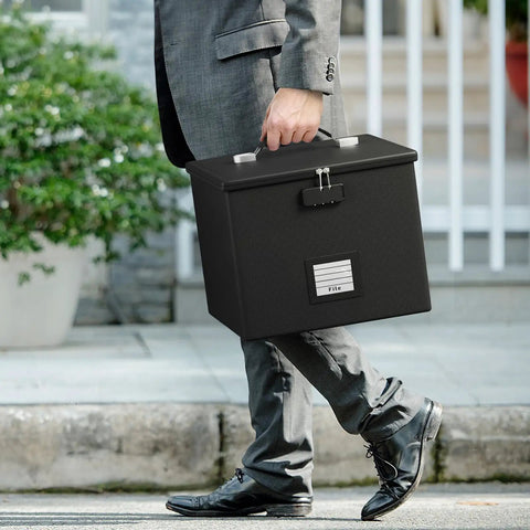 Heavy Duty Fireproof Document Box With Handle Portable Waterproof File Organizer being carried by a person outdoors