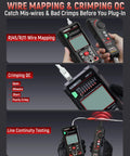 Three In One Multimeter And Cable Tracer Kit with Auto Ranging Digital Multimeter True RMS 4000 Counts RJ45 RJ11 Wire Tracing and NCV Voltage Detector in use showing wire mapping, crimping QC, and line continuity testing features.