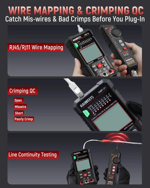Three In One Multimeter And Cable Tracer Kit with Auto Ranging Digital Multimeter True RMS 4000 Counts RJ45 RJ11 Wire Tracing and NCV Voltage Detector in use showing wire mapping, crimping QC, and line continuity testing features.