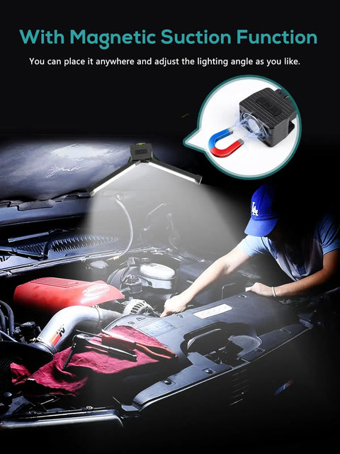 Portable Gym Lighting For Posing And On The Go Magnetic Foldable LED Work Light illuminating car engine with 180 degree rotation