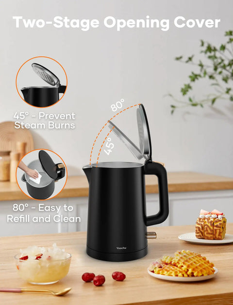 Tiny But Mighty 0.8L Electric Kettle With 1000W Fast Boil, double wall, cool touch handle, auto shut off, black, on kitchen counter