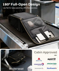 Puffer Backpack On Wheels For Women With Dual Opening Wheeled Laptop Travel Bag Water Resistant shown open on conveyor belt