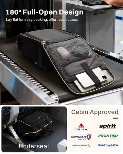 Puffer Backpack On Wheels For Women With Dual Opening Wheeled Laptop Travel Bag Water Resistant shown open on conveyor belt