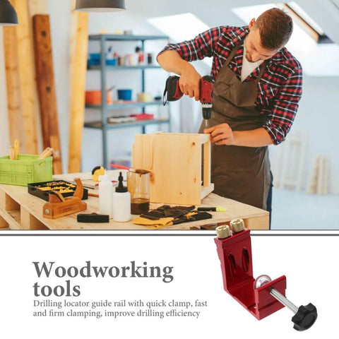 Woodworker using Pocket Hole Jig Kit For Woodworking Locator Tool With Diagonal Drilling Guide And Precise Depth Markings on a cabinet.