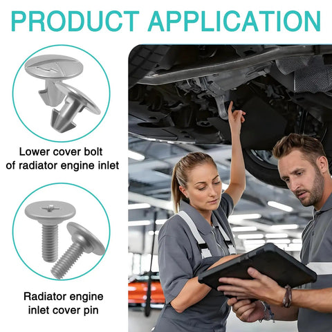 Heavy Duty 16 Pcs Lower Engine Cover Pin Screws Kit With Extra Cross Fasteners And Radiator Splash Shield Clips For Honda Accord Civic Crv Acura showing installation views with mechanics.