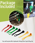 Front view of an eight-piece color-coded hydraulic fitting dust caps and plugs set for John Deere tractors