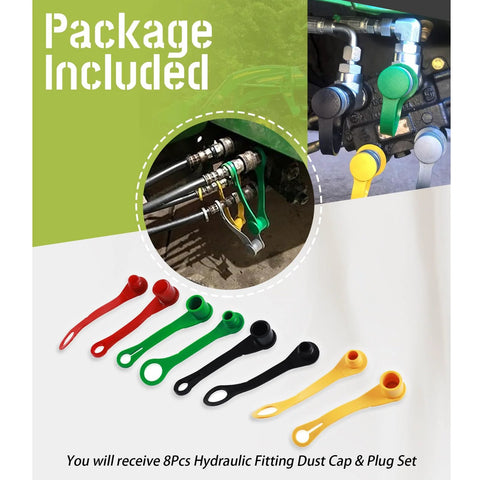 Front view of an eight-piece color-coded hydraulic fitting dust caps and plugs set for John Deere tractors