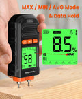 Pin Type Wood Moisture Meter For Firewood And Lumber With Drywall And Building Materials Readings, Direct Contact Pins, 0.0 To 58.0 Percent Range, Two Percent Accuracy, Seven Material Modes For Fast DIY And Pro Timber Checks. Handheld meter on wood with 8.5% display and MAX hold mode.