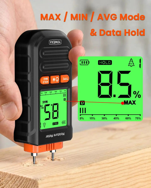 Pin Type Wood Moisture Meter For Firewood And Lumber With Drywall And Building Materials Readings, Direct Contact Pins, 0.0 To 58.0 Percent Range, Two Percent Accuracy, Seven Material Modes For Fast DIY And Pro Timber Checks. Handheld meter on wood with 8.5% display and MAX hold mode.