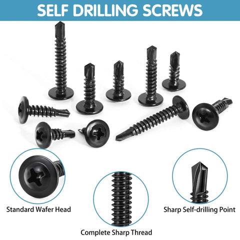Stainless Steel Self Tapping Screws Kit With 380 Pieces Black Oxide TEK Screws For Metal, Size Eight And Ten, Self Drilling.