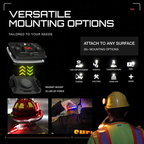 Elite Series Safety Light With Front And Rear Red Blue White Signals Rechargeable Magnetic Hands Free Wearable LED Flashlight for Law Enforcement First Responders and Firefighters showing versatile mounting options and attached to safety gear.