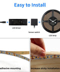 Diagram of Warm White LED Strip Lights 16.4ft 120 LEDs Per Meter 1000 LM installation process with adhesive and sensor switch.