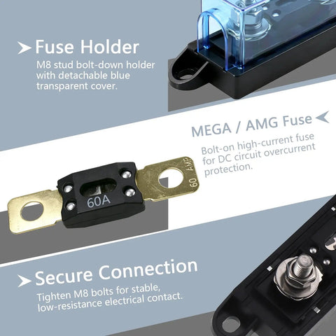 Rock Solid ANM Bolt On Fuse Holder Block 60 Amp Rated 12 To 48 Volt DC Circuit Protector with clear view window.
