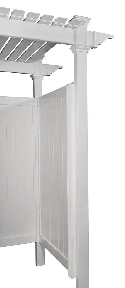 Spacious White Vinyl Outdoor Shower Enclosure With Privacy Door for Pool And Beach, close-up of side panel detail.