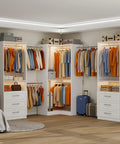Game-Changing Modular Closet System With 6 Wooden Drawers And Corner Config, Heavy-Duty Walk-In Wardrobe Organizer With 7 Hanging Rods, showcasing a stylish wooden walk-in wardrobe with hanging clothes.