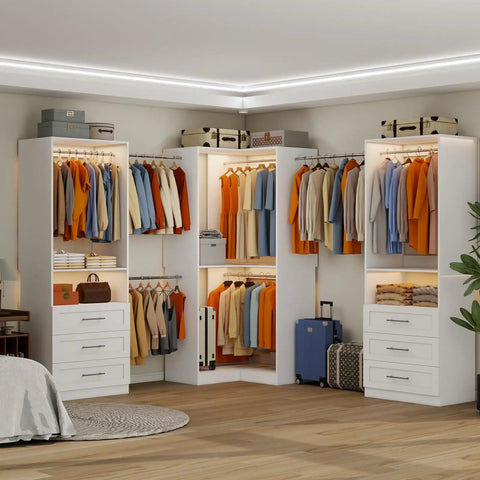 Game-Changing Modular Closet System With 6 Wooden Drawers And Corner Config, Heavy-Duty Walk-In Wardrobe Organizer With 7 Hanging Rods, showcasing a stylish wooden walk-in wardrobe with hanging clothes.