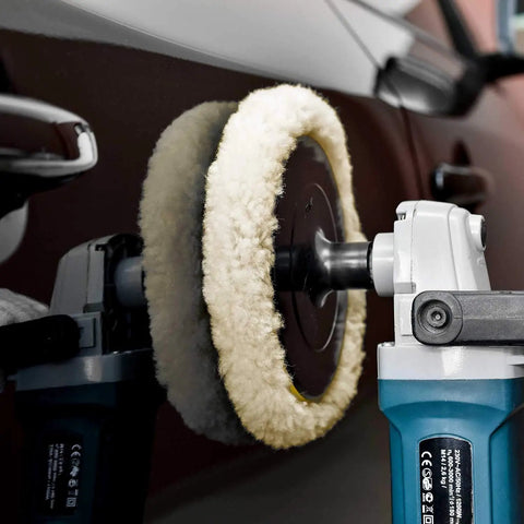 Eight Inch 100 Percent Natural Wool Buffing Pads Set Pro Grade With Hook And Loop Backing for car polishing.