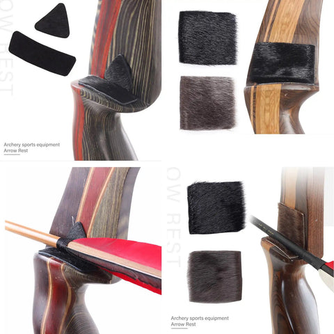 Beaver Hair Arrow Rest Kit For Traditional Bows Four Pack Self Adhesive Stick On Pads shown on recurve bow with arrow