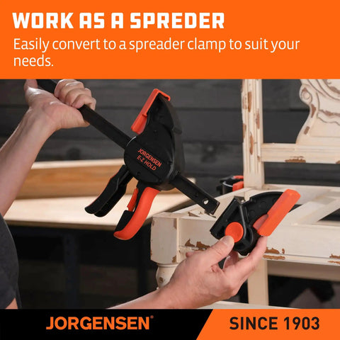 Rock Solid Heavy Duty Bar Clamps 2 Pack 12 Inch demonstrating how to convert to a spreader clamp for woodworking tasks.