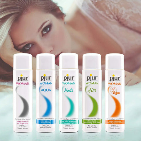Variety of Pjur Woman lubricants, including Water Based Personal Lubricant For Women With Silky Glide And Hydrating Moisture.