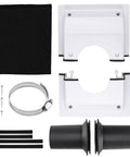 Slick White Wall Penetration Cover Kit For Ac Line Sets With Split Design components including rubber gasket, screws, and black sealing material.