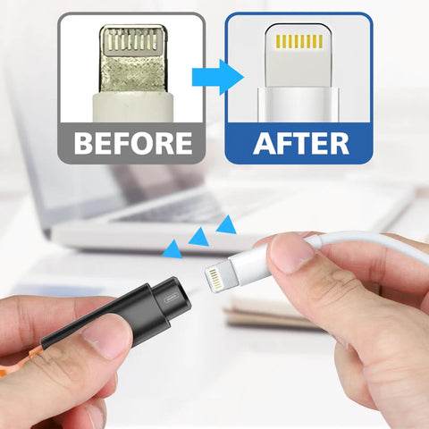 Person using iPhone Cleaning Kit With Charging Port Cleaner Tools For AirPods And IPad Connectors Multi Tool Set With Port Brushes And U Shaped Cleaners Keeps Your Lightning Cable And Devices Clean In A Compact Portable Case on lightning cable