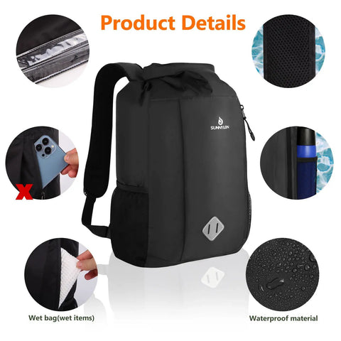 Side view of 20L Waterproof Dry Bag Backpack With Waist Pouch And Phone Case Roll Top Marine Gear Bag For Kayaking Beach Rafting