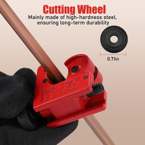 Close-up of red tubing cutter in action, showing cutting wheel on copper pipe. Tool as part of Two Pack Tubing Cutter Set For Copper, Brass, Aluminum And PVC Pipe, 1/8 Inch To 5/8 Inch Cut Range, Heavy Duty Steel Construction With Rust-Resistant Wheel And Ball Bearing Rollers For Clean Burr-Free Cuts.