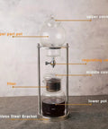 Premium Cold Brew Drip Tower With Adjustable Flow Control Borosilicate Glass Carafe And Heavy Duty Stainless Steel 600Ml parts labeled.
