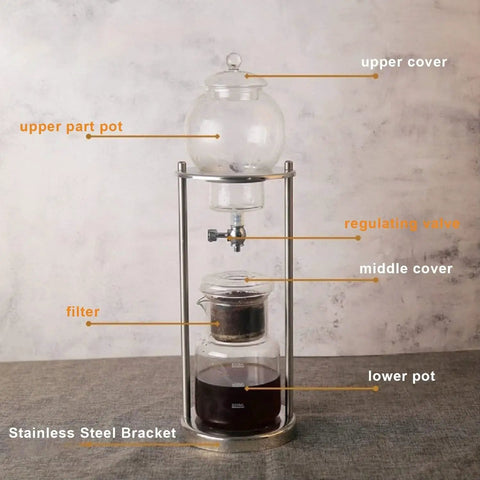 Premium Cold Brew Drip Tower With Adjustable Flow Control Borosilicate Glass Carafe And Heavy Duty Stainless Steel 600Ml parts labeled.