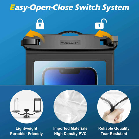 4 Pack 10.5 Inch Waterproof Phone Pouches with easy-open-close switch, showing universal fit for iPhone 16 Pro Max and Galaxy.