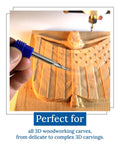 Hand holding 3D Carving Tapered Ball Nose End Mill Bit Set, One Quarter Inch Shank, near wooden American flag sculpture, DIY CNC woodworking.