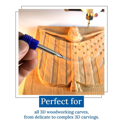 Hand holding 3D Carving Tapered Ball Nose End Mill Bit Set, One Quarter Inch Shank, near wooden American flag sculpture, DIY CNC woodworking.