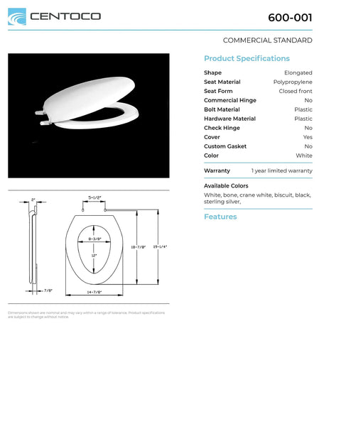 Sleek Black Elongated Toilet Seat With Top Mount Plastic Hinges Built Heavy Duty For Big Time Home Comfort Impact Absorbing Hardware  outlined with dimensions.