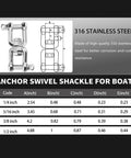 Double Shackle Swivel For Boat Set In Four Sizes One Quarter Inch Five Sixteenth Inch Three Eighth Inch One Half Inch Marine Grade 316 Stainless Steel Jaw To Jaw Anchor Chain Connector 2 Pack with dimensions chart.