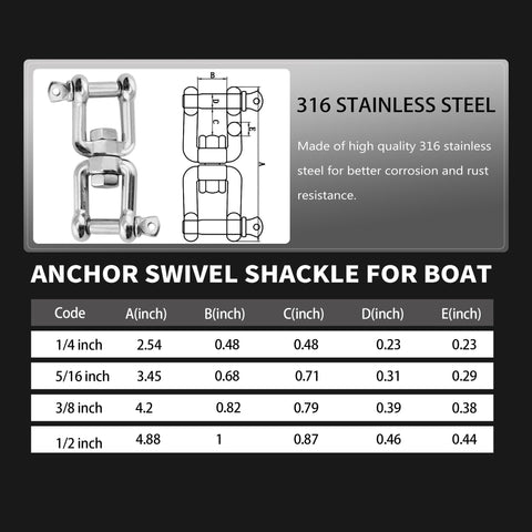 Double Shackle Swivel For Boat Set In Four Sizes One Quarter Inch Five Sixteenth Inch Three Eighth Inch One Half Inch Marine Grade 316 Stainless Steel Jaw To Jaw Anchor Chain Connector 2 Pack with dimensions chart.