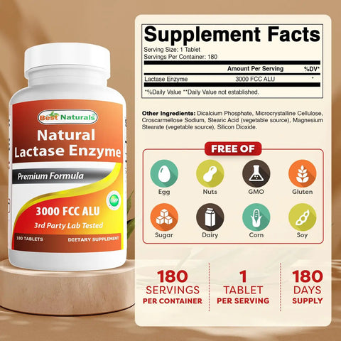 Straight Up Fast Acting Lactase Enzyme Tablets, 3000 FCC Units bottle with supplement facts and labels, 180 count