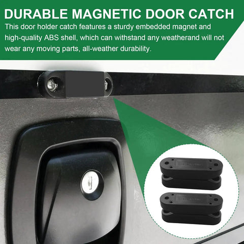 Magnetic Door Holder for RVs Two Pair Black All Weather Door Catch and Magnet Set showing door catch installation on RV door