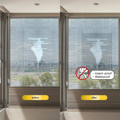Before and after window using Screen Repair Tape With Heavy Duty Adhesive Fiberglass Mesh Patch For Windows And Doors