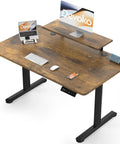 Heavy Duty Electric Standing Desk With Dual Memory Buttons And Rock Solid Brown Surface Seriously Built Tough For Gaming And Remote Work Grind Super Smooth Motor Lift Keeps Your Spine Happy with monitor shelf and cable management.