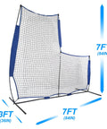 Baseball L Screen Pitching Net 7x7 Portable Pitcher Protector with blue netting and dimensions for batting cage setup