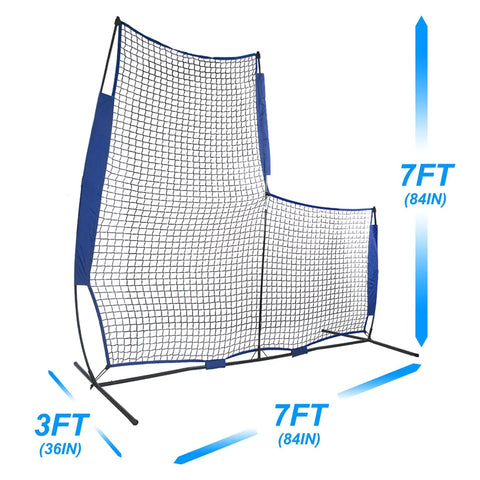 Baseball L Screen Pitching Net 7x7 Portable Pitcher Protector with blue netting and dimensions for batting cage setup