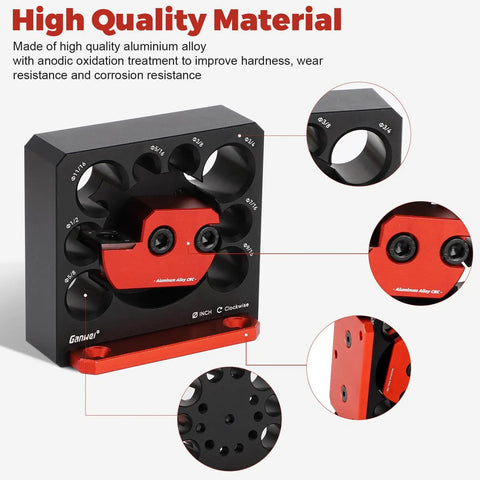 Slick No Sweat Drill Attachment Jig Kit For Turning Square Lumber Into Smooth Wooden Dowels Fast Solid Eight Size Range With Razor Sharp Carbide Blades For Hard Core Woodworking showing aluminum alloy jig with size markings for dowels.