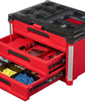 Packout Compatible 3 Drawer Tool Box With Lockable Security Bar 50 lbs Capacity red and black tool chest with open drawers and organizer tray